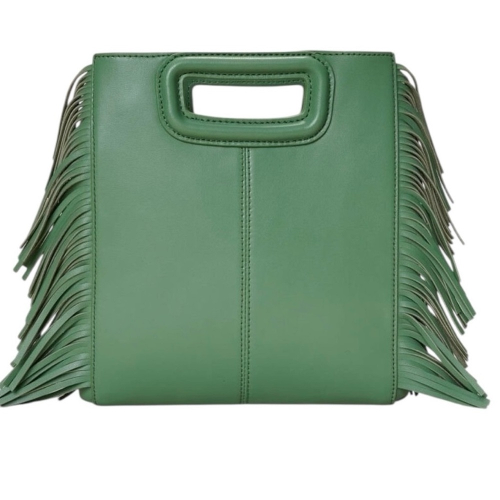 Maje Green Perforated Fringed Leather M Bag Convertible Clutch or Crossbody NWT - Picture 3 of 11
